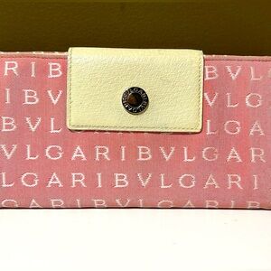 BVLGARI Long Wallet Logo Mania Beige Canvas x Leather